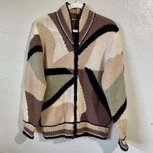 Vtg 100% Wool Zip Front Cardigan Geometric Abstract Colorblock Sweater M Outdoor